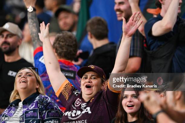 Brisbane Broncos fans show their support during the round 10 NRL match between the Manly Sea Eagles and the Brisbane Broncos at Suncorp Stadium, on...