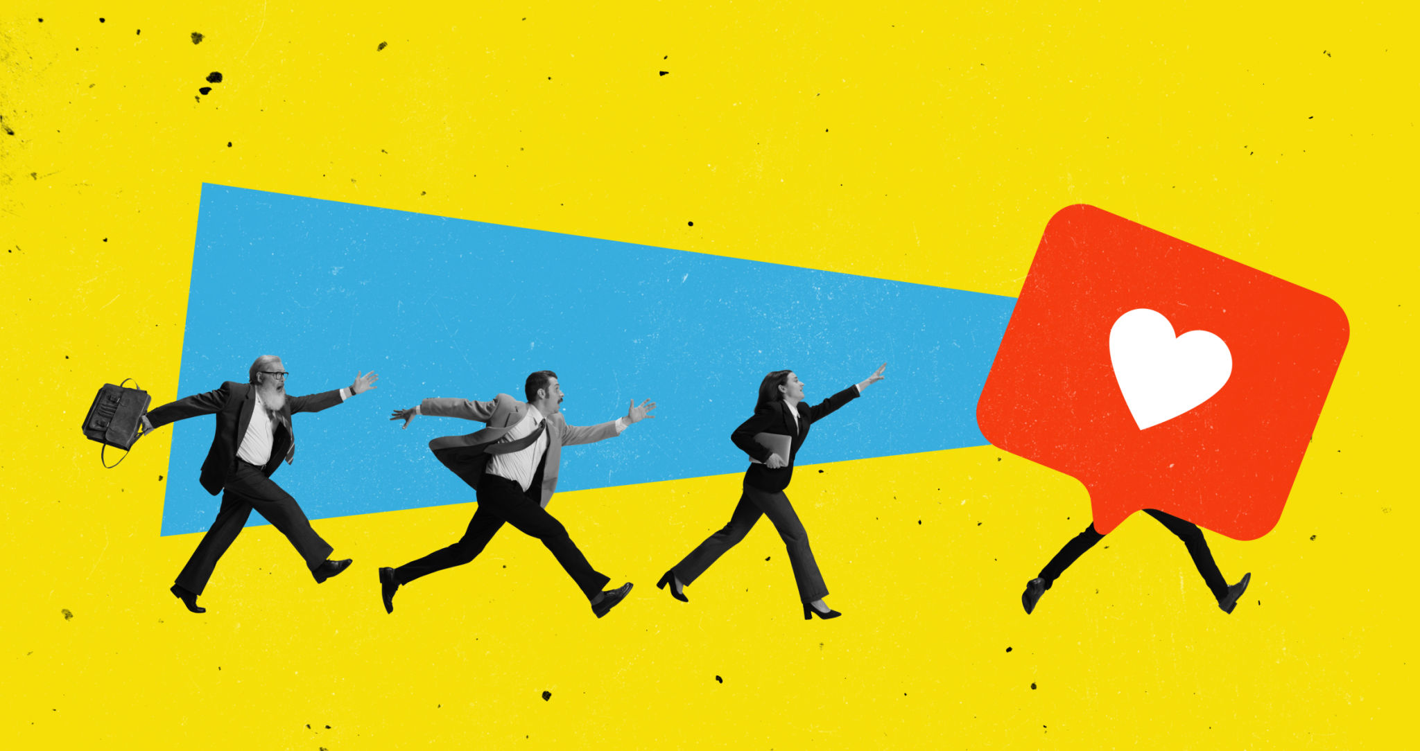 Contemporary art collage. People running in a line to get social media like isolated over yellow background. Internet addiction Contemporary art collage. People running in a line to get social media like isolated over yellow background. Internet addiction