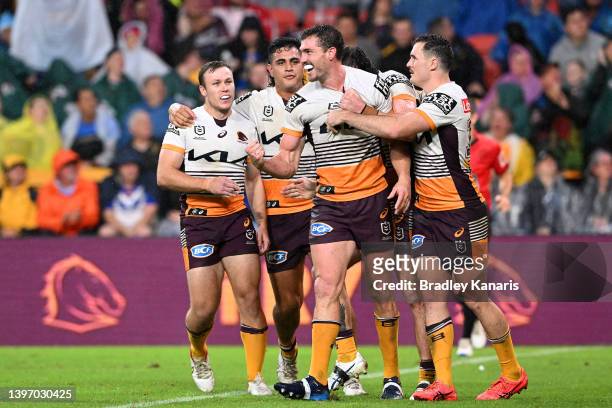 Corey Oates of the Broncos celebrates scoring a try during the round 10 NRL match between the Manly Sea Eagles and the Brisbane Broncos at Suncorp...