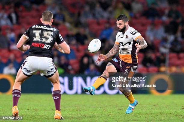 Adam Reynolds of the Broncos kicks the ball during the round 10 NRL match between the Manly Sea Eagles and the Brisbane Broncos at Suncorp Stadium,...