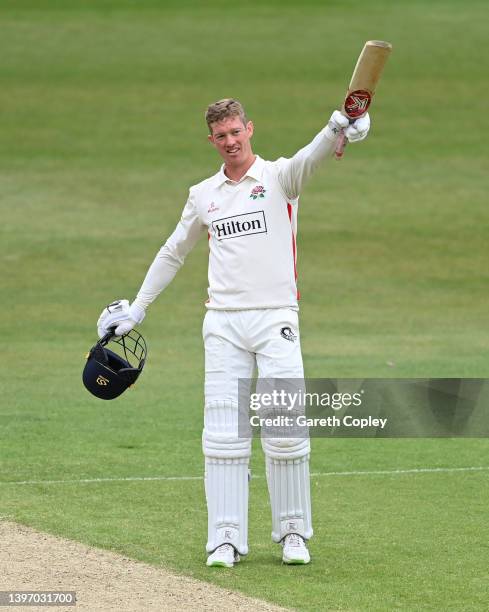 Keaton Jennings of Lancashire celebrating his double century during day two of the LV= Insurance County Championship match between Yorkshire and...