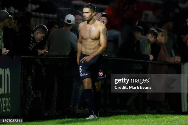 Jack Rodwell of the Wanderers greets fans after their defeat during the Australia Cup Playoff match between the Western Sydney Wanderers and the...