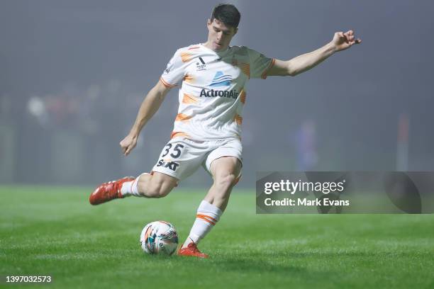 Louis Zabala of the Roar kicks the ball during the Australia Cup Playoff match between the Western Sydney Wanderers and the Brisbane Roar at...