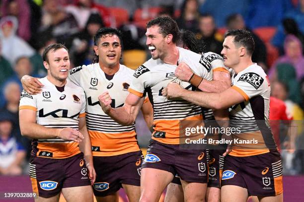 Corey Oates of the Broncos celebrates scoring a try during the round 10 NRL match between the Manly Sea Eagles and the Brisbane Broncos at Suncorp...