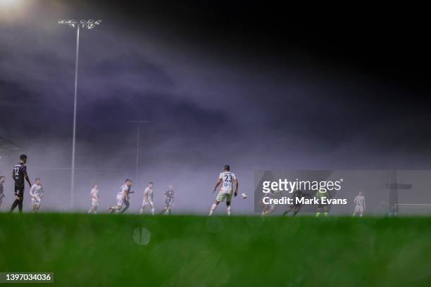 General view of play as fog rolls in during the Australia Cup Playoff match between the Western Sydney Wanderers and the Brisbane Roar at Wanderers...