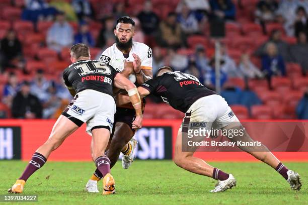 Payne Haas of the Broncos is tackled during the round 10 NRL match between the Manly Sea Eagles and the Brisbane Broncos at Suncorp Stadium, on May...