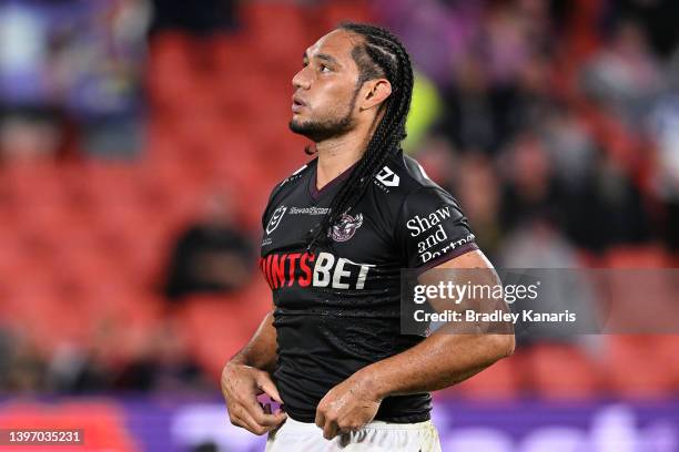 Martin Taupau of the Sea Eagles looks dejected after his team's defeat during the round 10 NRL match between the Manly Sea Eagles and the Brisbane...