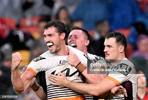 Corey Oates of the Broncos celebrates scoring a try during the round 10 NRL match between the Manly Sea Eagles and the Brisbane Broncos at Suncorp...