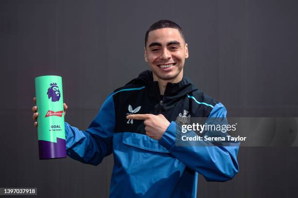 Miguel Almiron poses for photos as he is Presented with the Premier League Goal of the Month Award at the Newcastle United Training Centre on May 11,...