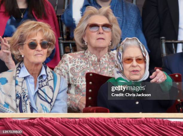 Penelope Knatchbull, Countess Mountbatten of Burma and Queen Elizabeth II attend The Royal Windsor Horse Show at Home Park on May 13, 2022 in...