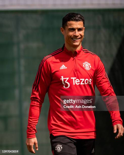 Cristiano Ronaldo of Manchester United in action during a first team training session at Carrington Training Ground on May 12, 2022 in Manchester,...