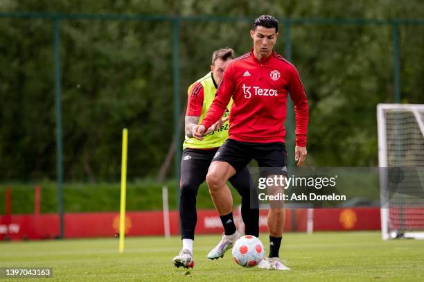 Cristiano Ronaldo of Manchester United in action during a first team training session at Carrington Training Ground on May 12, 2022 in Manchester,...