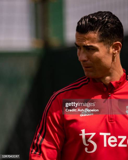 Cristiano Ronaldo of Manchester United in action during a first team training session at Carrington Training Ground on May 12, 2022 in Manchester,...