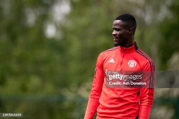 Eric Bailly of Manchester United in action during a first team training session at Carrington Training Ground on May 12, 2022 in Manchester, England.