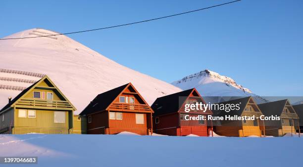 Colourful houses in Longyearbyen on April 18, 2022 in Svalbard, Norway.