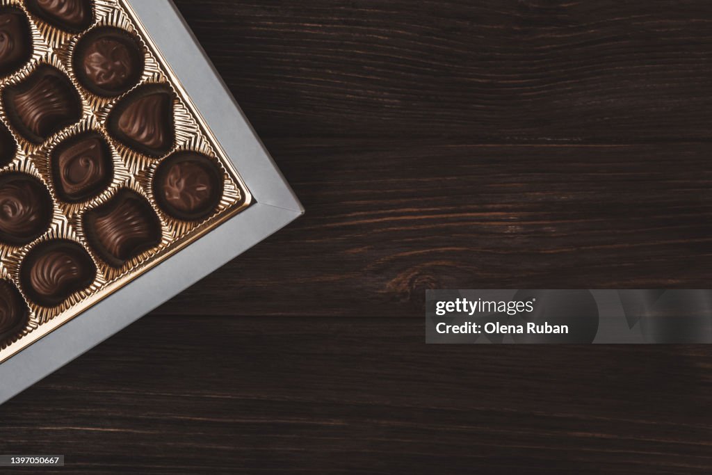 Chocolate candies in box.