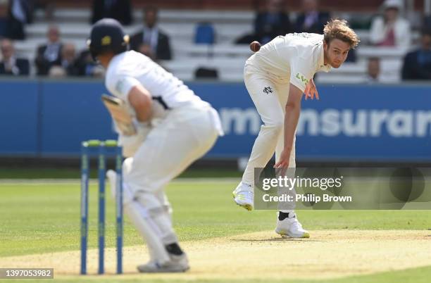 Stuart Broad of Nottinghamshire bowls to Mark Stoneman of Middlesex during the LV= Insurance County Championship match between Middlesex and...