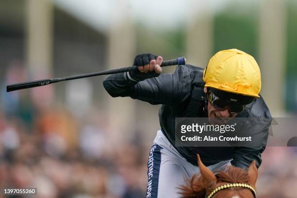 Frankie Dettori celebrates victory as he rides Stradivarius to win The Paddy Power Yorkshire Cup Stakes at York Racecourse on May 13, 2022 in York,...