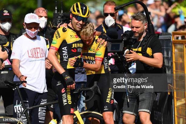 Tom Dumoulin of Netherlands and Koen Bouwman of Netherlands and Team Jumbo - Visma celebrate the victory during the 105th Giro d'Italia 2022, Stage 7...