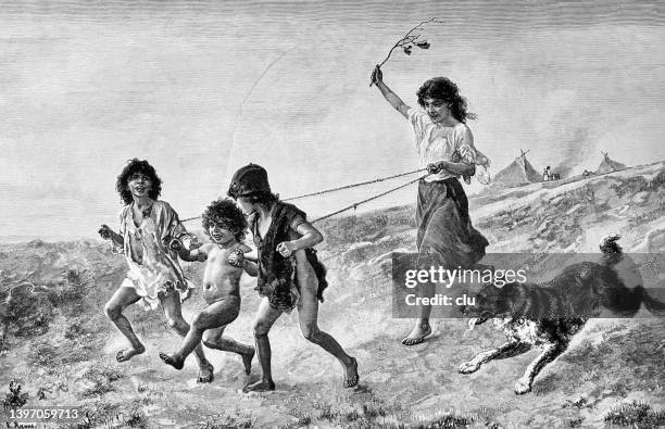 gypsy wagon, children playing outdoor with dog - person running with dog drawing stock illustrations