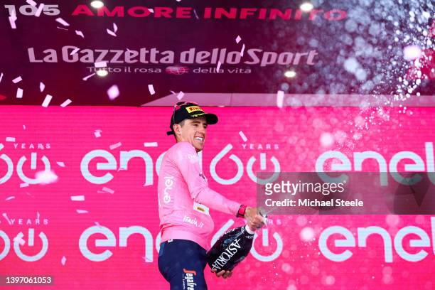 Juan Pedro López of Spain and Team Trek - Segafredo celebrates winning the pink leader jersey on the podium ceremony after the 105th Giro d'Italia...