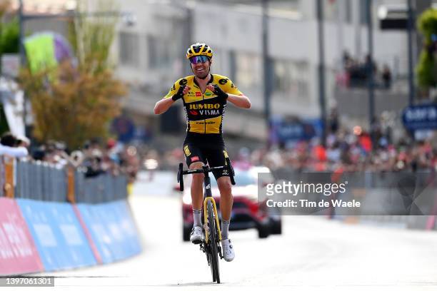 Tom Dumoulin of Netherlands and Team Jumbo - Visma celebrates the victory of his teammate Koen Bouwman of Netherlands during the 105th Giro d'Italia...