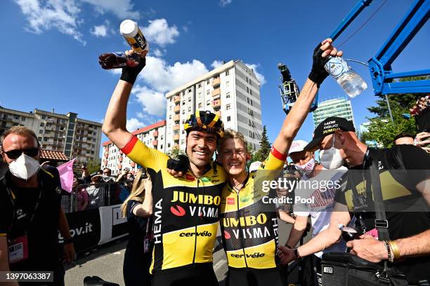 Tom Dumoulin of Netherlands and Koen Bouwman of Netherlands and Team Jumbo - Visma celebrate the victory during the 105th Giro d'Italia 2022, Stage 7...