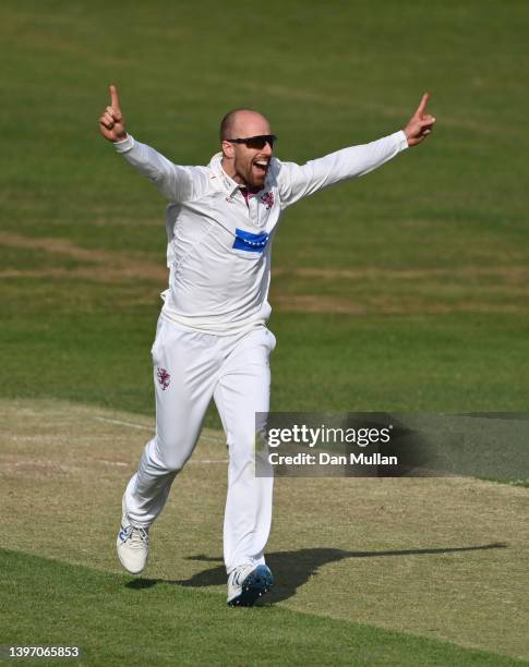 Jack Leach of Somerset celebrates taking the wicket of Marcus Harris of Gloucestershire during day two of the LV= Insurance County Championship match...