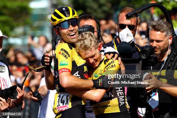 Tom Dumoulin of Netherlands and Koen Bouwman of Netherlands and Team Jumbo - Visma celebrate the victory during the 105th Giro d'Italia 2022, Stage 7...