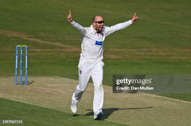 Jack Leach of Somerset celebrates taking the wicket of Marcus Harris of Gloucestershire during day two of the LV= Insurance County Championship match...