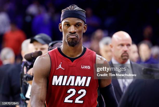 Jimmy Butler of the Miami Heat reacts after defeating the Philadelphia 76ers 99-90 in Game Six of the 2022 NBA Playoffs Eastern Conference Semifinals...