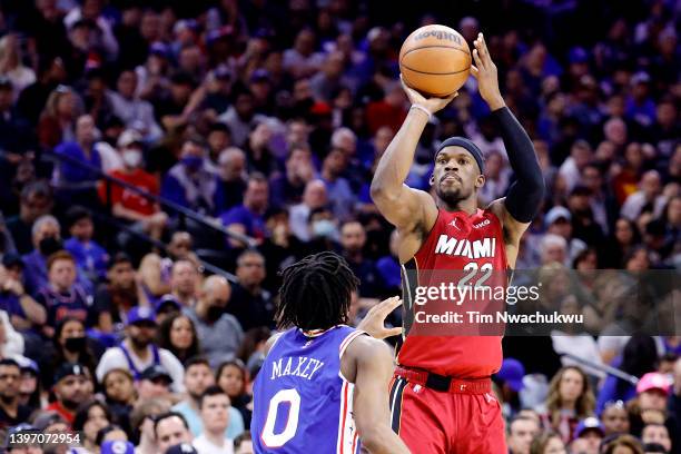 Jimmy Butler of the Miami Heat shoots the ball against Tyrese Maxey of the Philadelphia 76ers during the second half in Game Six of the 2022 NBA...