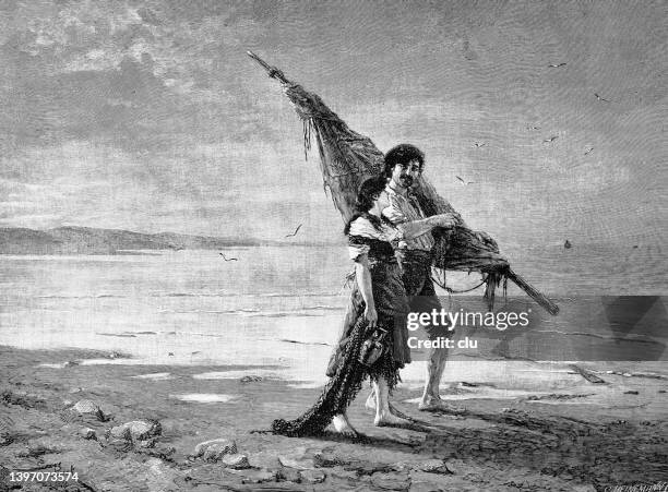 happy couple walking at the beach - couple walking on beach stock illustrations