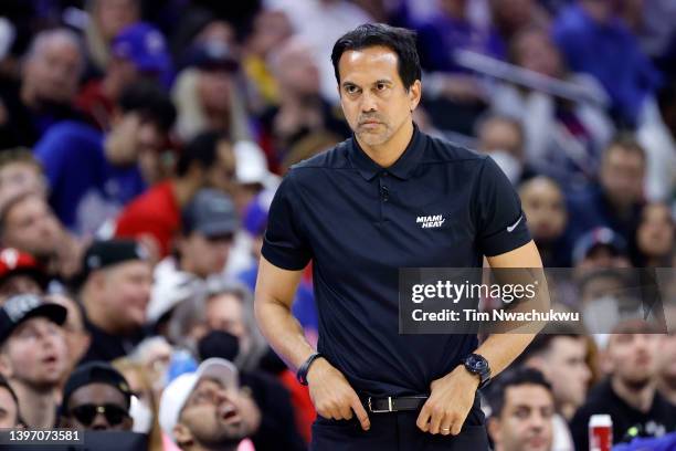 Head coach Erik Spoelstra of the Miami Heat looks on during the second half against the Philadelphia 76ers in Game Six of the 2022 NBA Playoffs...