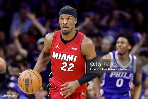 Jimmy Butler of the Miami Heat dribbles during the second half against the Philadelphia 76ers in Game Six of the 2022 NBA Playoffs Eastern Conference...