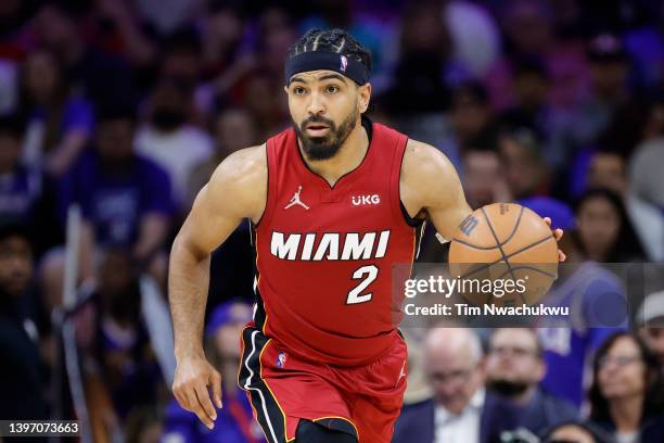 Gabe Vincent of the Miami Heat dribbles during the second half against the Philadelphia 76ers in Game Six of the 2022 NBA Playoffs Eastern Conference...