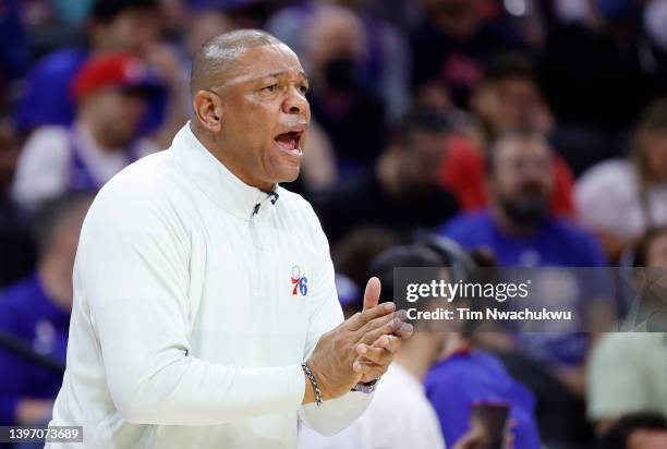 Head coach Doc Rivers of the Philadelphia 76ers reacts during the second half against the Miami Heat in Game Six of the 2022 NBA Playoffs Eastern...