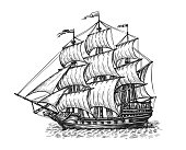 Ship with sails sails on waves. Hand drawn sailboat vintage sketch. Seafaring vector illustration