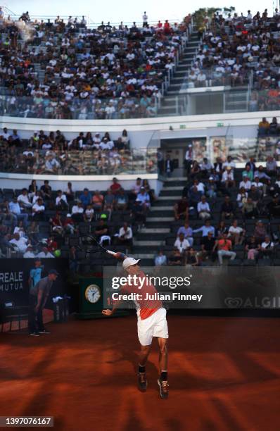 Denis Shapovalov of Canada plays a backhand in his match against Casper Ruud of Norway in the quarter finals on day six of Internazionali BNL...