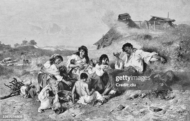 gypsie family sitting outdoor enjoying leisure - gipsy stock illustrations