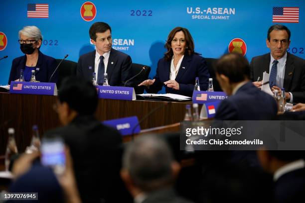Vice President Kamala Harris delivers opening remarks during a plenary meeting with Association of Southeast Asian Nations leaders and Energy...