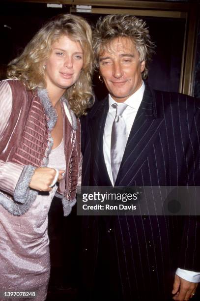 New Zealand model and actress Rachel Hunter and husband British rock and pop singer, songwriter, and record producer Rod Stewart pose for a portrait...