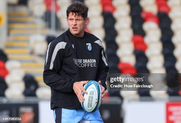 Lloyd Williams of Cardiff during warm up ahead of the United Rugby Championship match between the Dragons and Cardiff at Rodney Parade on May 13,...