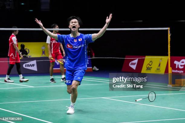 Yuta Watanabe of Japan celebrates the victory in the Thomas Cup Semi Final Men's Double match against Fajar Alfian and Muhammad Rian Ardianto of...