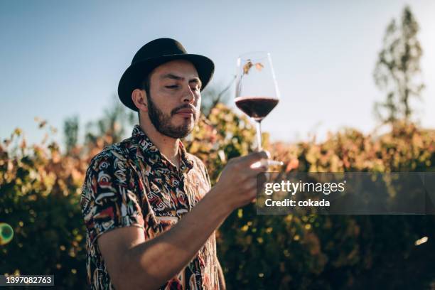 young man enjoying red wine on vineyard - sommelier stock pictures, royalty-free photos & images