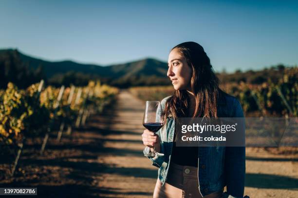 young woman tasting red wine on vineyard - chilean ethnicity stock pictures, royalty-free photos & images