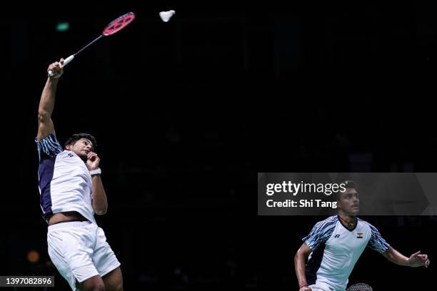 Krishna Prasad Garaga and Vishnuvardhan Goud Panjala of India compete in the Thomas Cup Semi Final Men's Double match against Anders Skaarup...