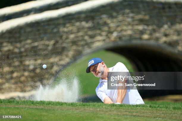 David Skinns of England plays a shot from a bunker on the 18th hole during the second round of the AT&T Byron Nelson at TPC Craig Ranch on May 13,...
