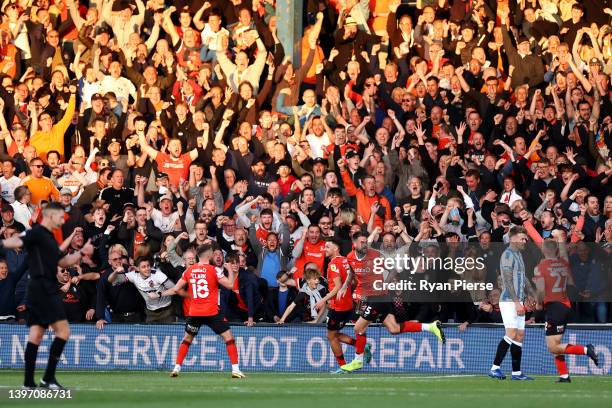 Sonny Bradley of Luton Town celebrates scoring his teams first goal of the game during the Sky Bet Championship Play-off Semi Final 1st Leg match...