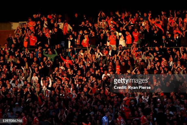 Fans celebrate as Sonny Bradley of Luton Town scores his teams first goal during the Sky Bet Championship Play-off Semi Final 1st Leg match between...